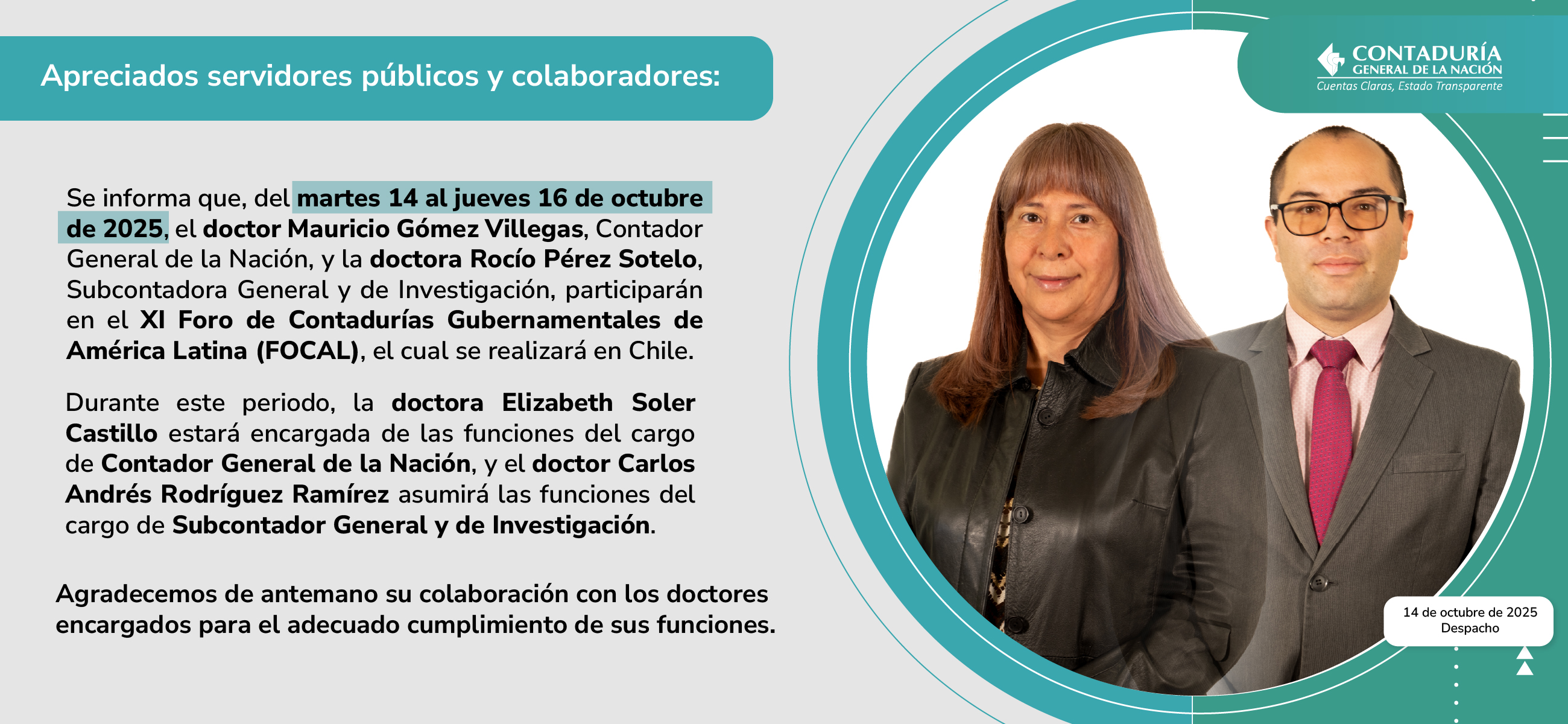 Encargos temporales de funciones durante participación de la CGN en el XI FOCAL en Chile