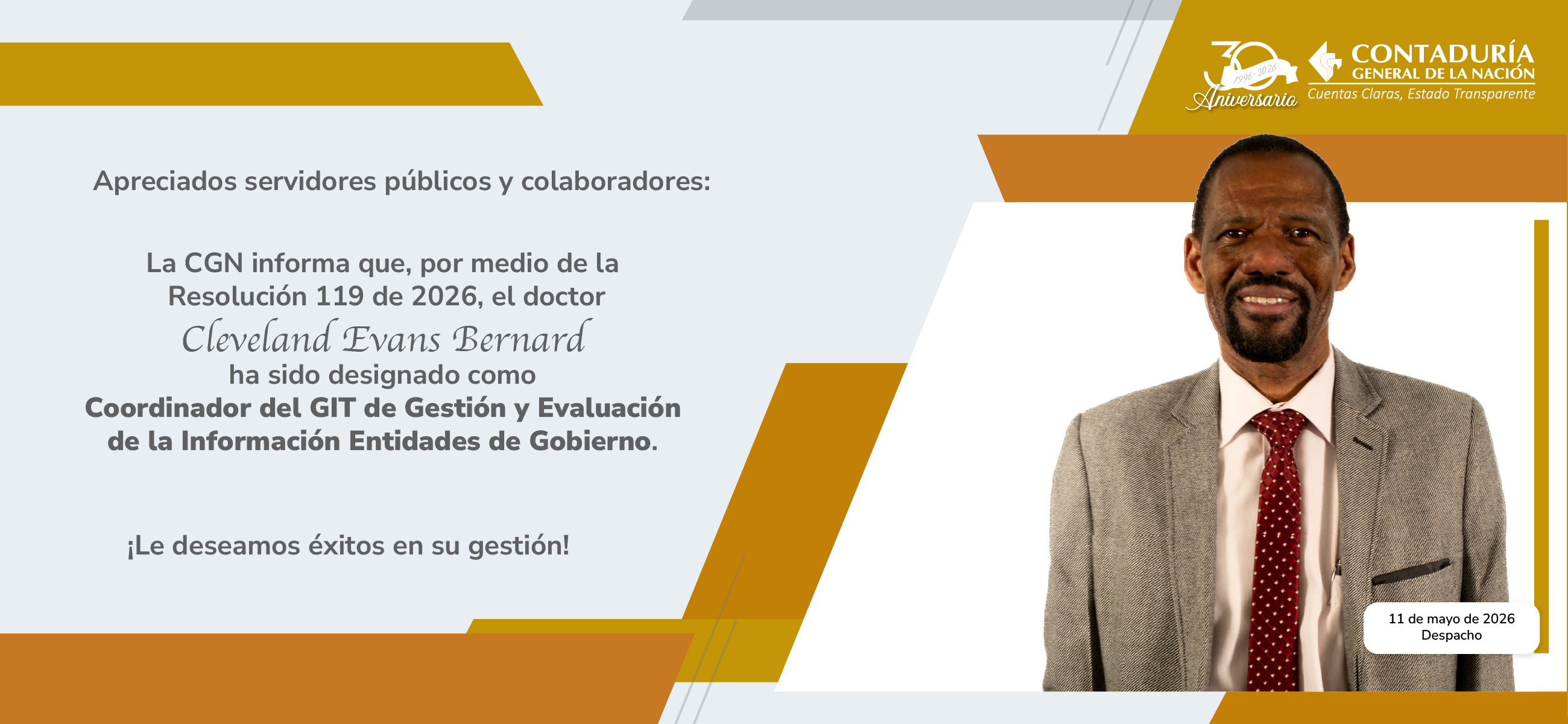Designación del doctor Cleveland Evans Bernard como Coordinador del GIT de Gestión y Evaluación de la Información Entidades de Gobierno