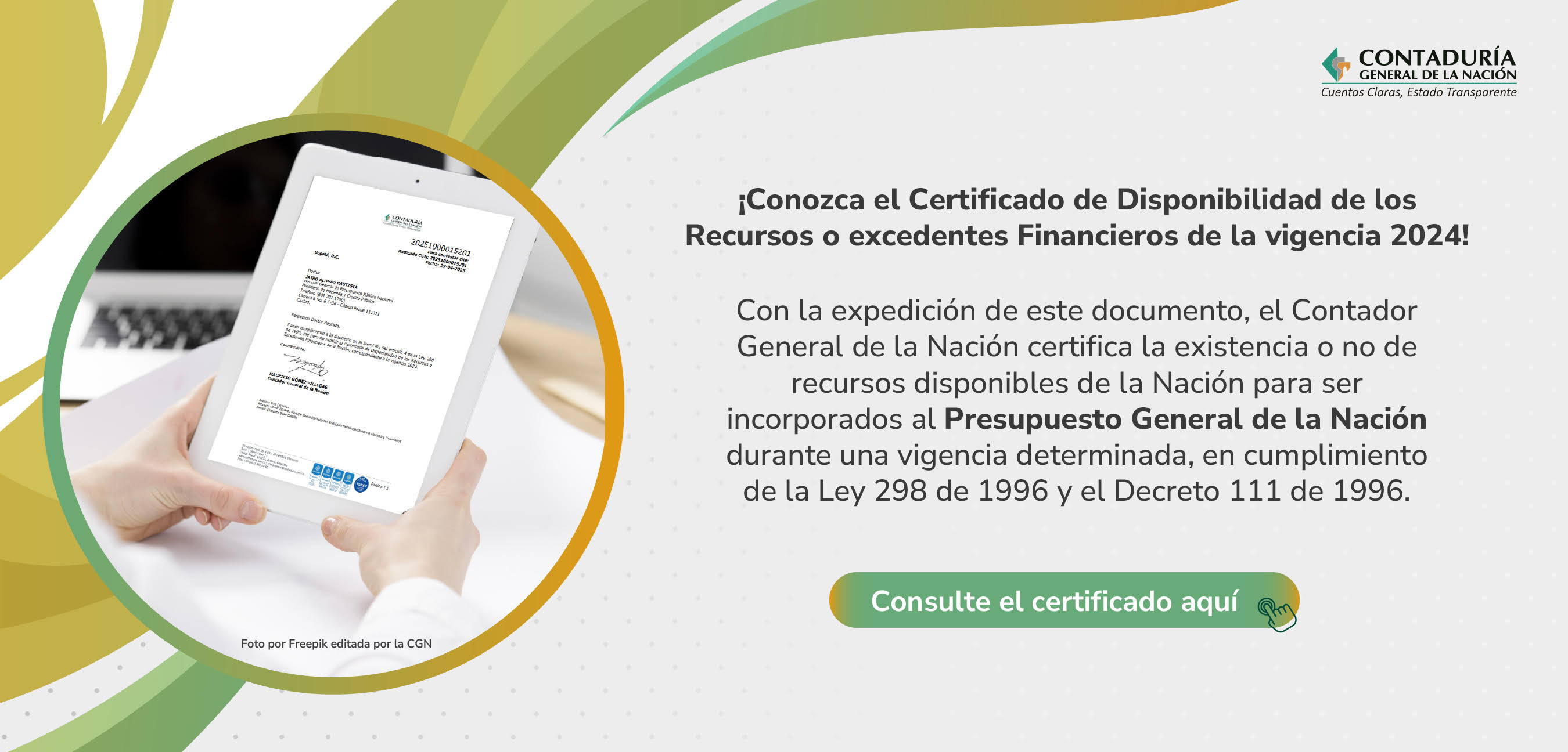 Ya está disponible el Certificado de Disponibilidad de los Recursos o excedentes Financieros de la vigencia 2024