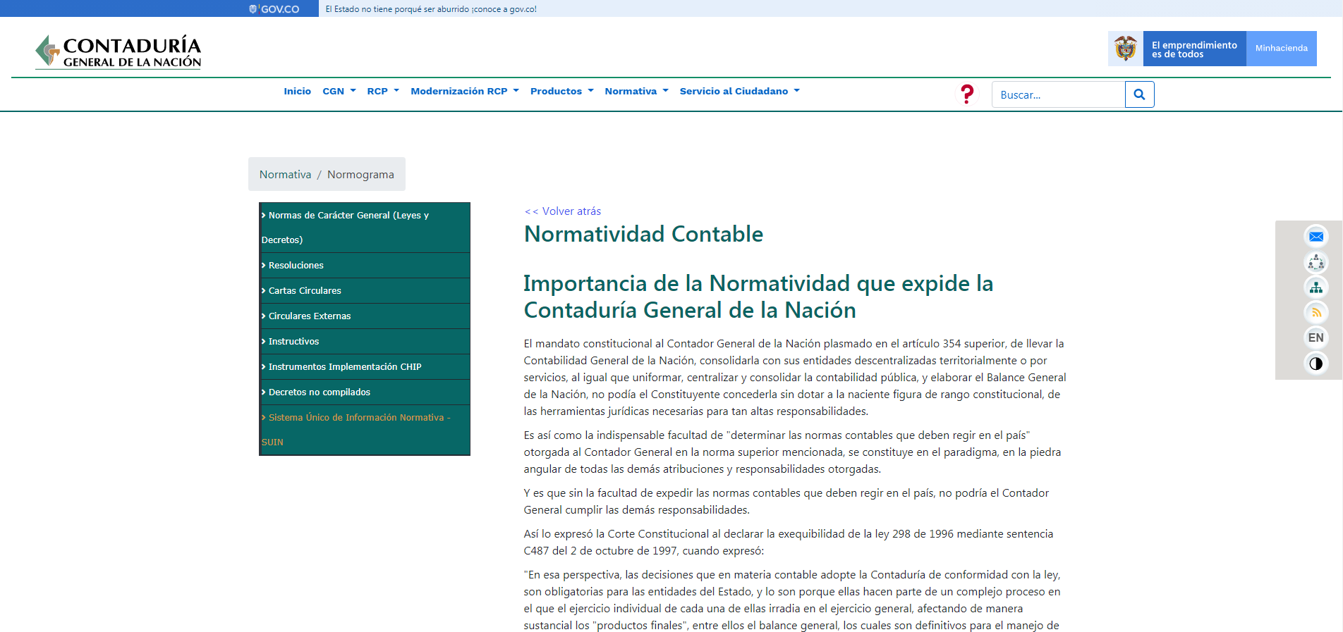 Sección de Normativa de la Página Web de la Contaduría General de la Nación