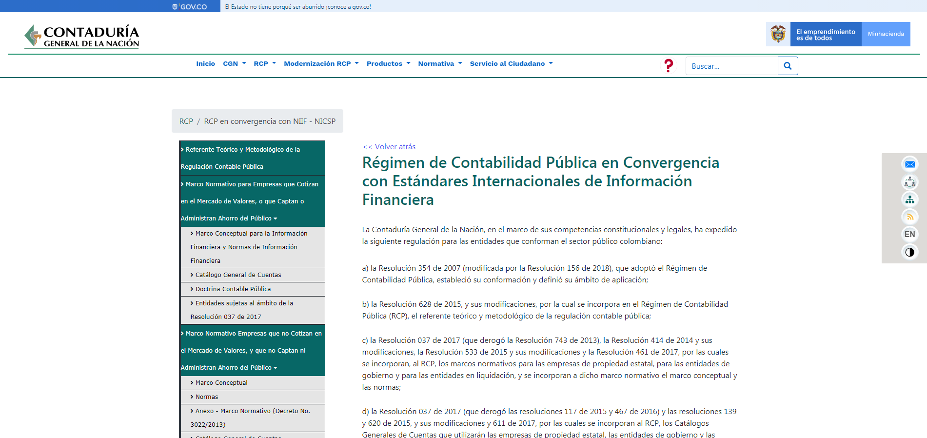 Sección del Régimen de Contabilidad Pública Vigente