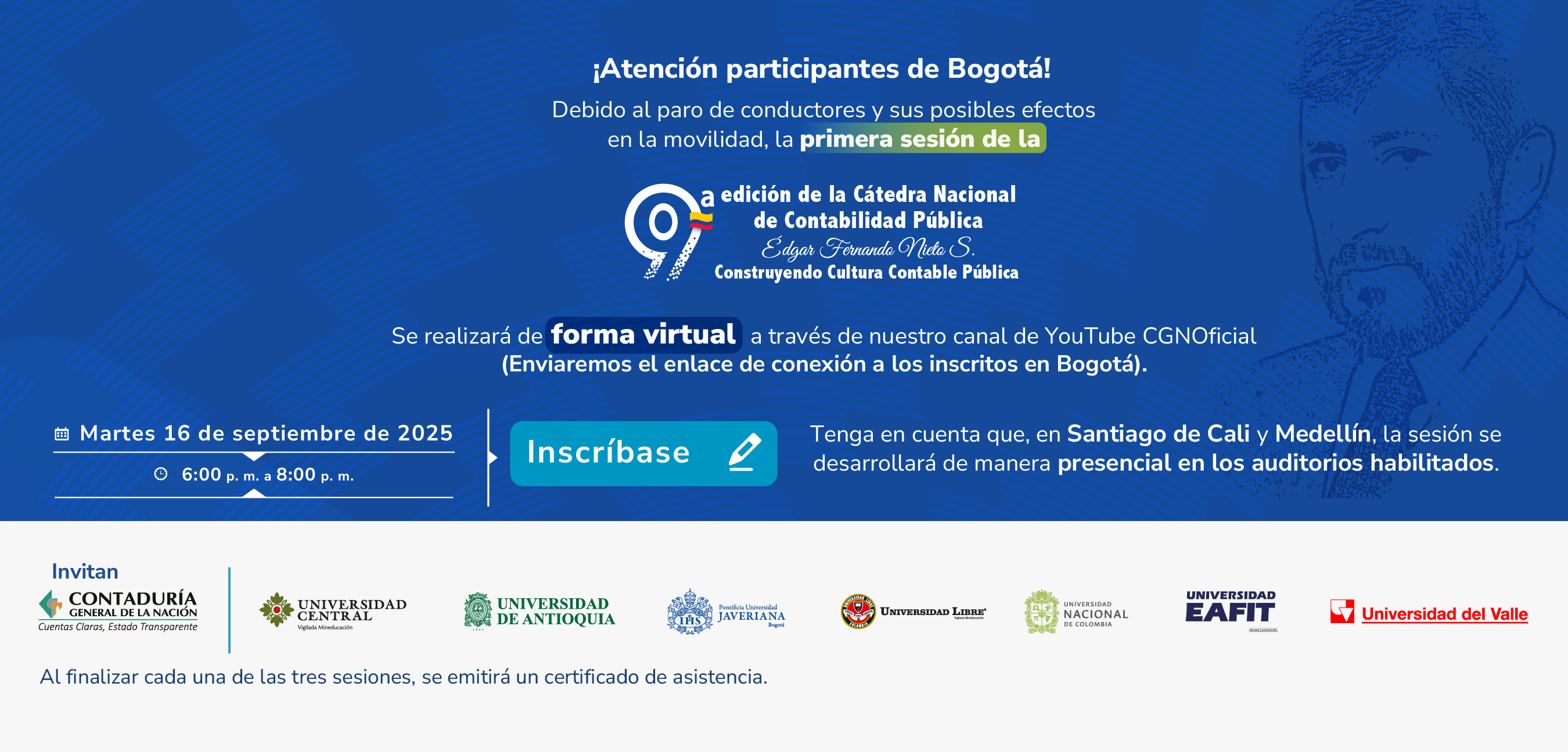 Aviso importante Bogotá: cambios en la modalidad de realización de la primera sesión de la Novena edición de la Cátedra Nacional de Contabilidad Pública