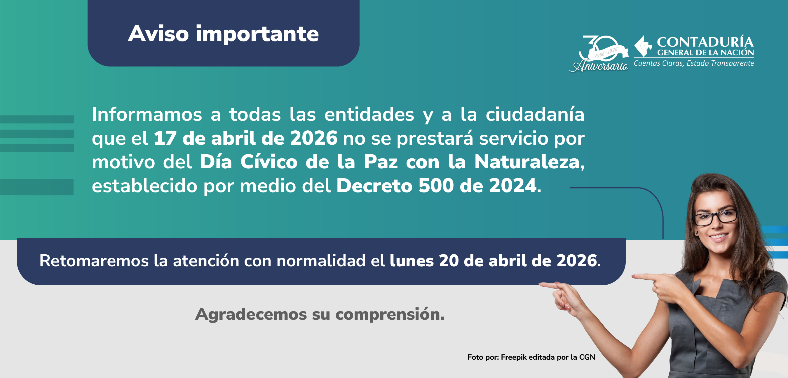 Tenga en cuenta: no habrá atención el 17 de abril de 2026 por día