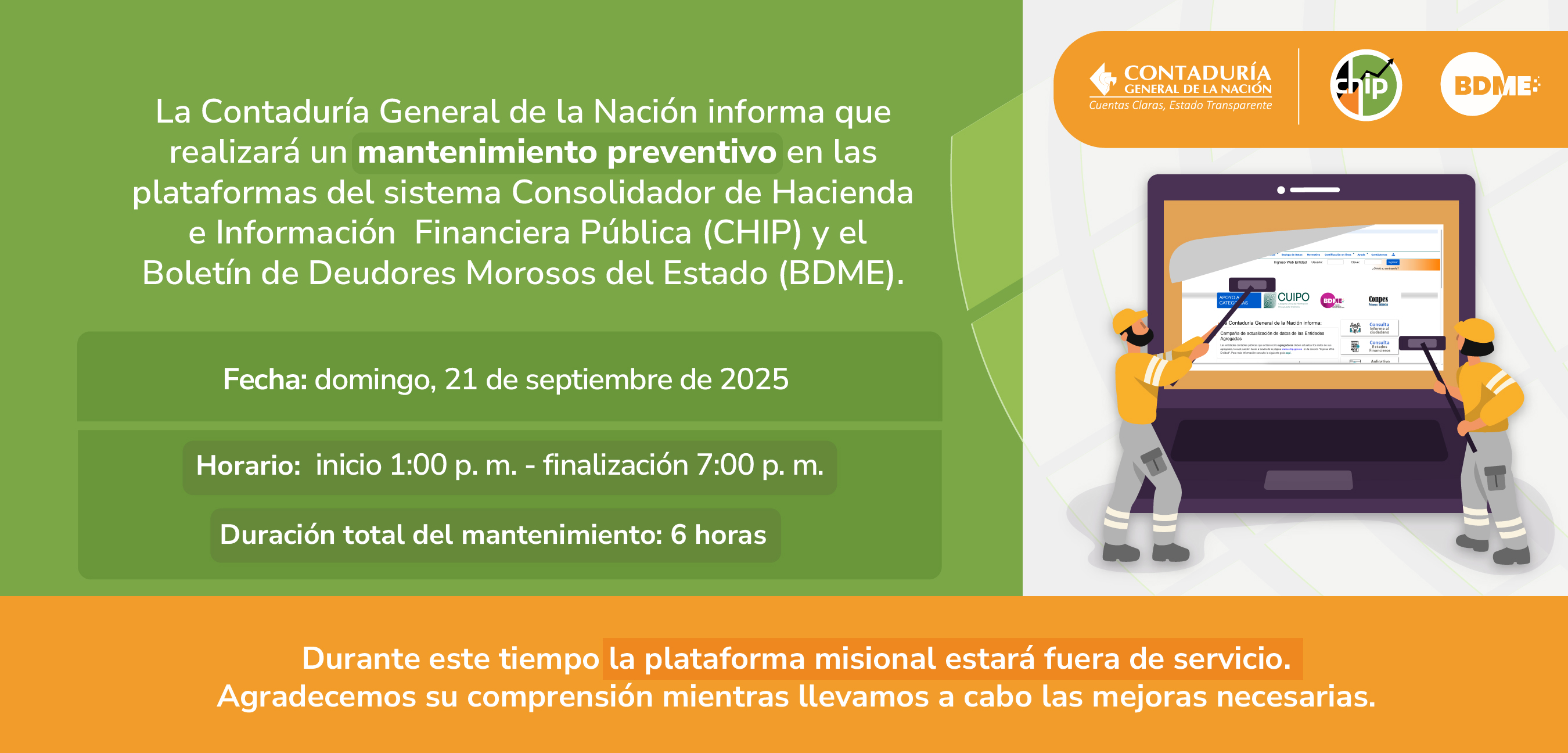 Aviso de mantenimiento programado – 21 de septiembre de 2025