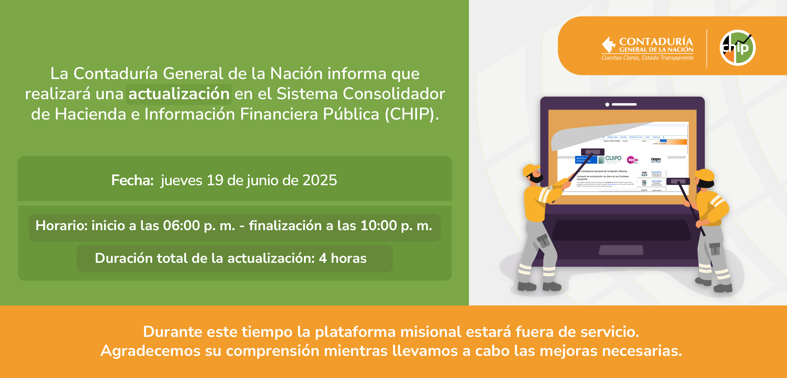¡Atención! La CGN realizará una actualización en el Sistema CHIP hoy 19 de junio